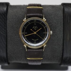 Rare Vintage ELGIN De Luxe Shockmaster Men’s Gold Tone Watch Black Dial Mechanic